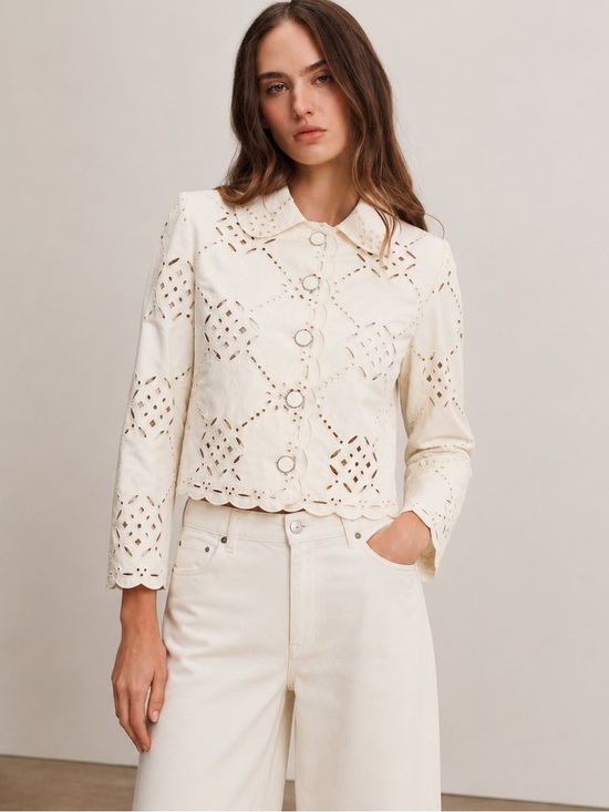 Veronica Beard Jackets & Blazers - Veronica Beard Adelaide Eyelet Jacket Ecru Cotton Scalloped Cropped Size 2